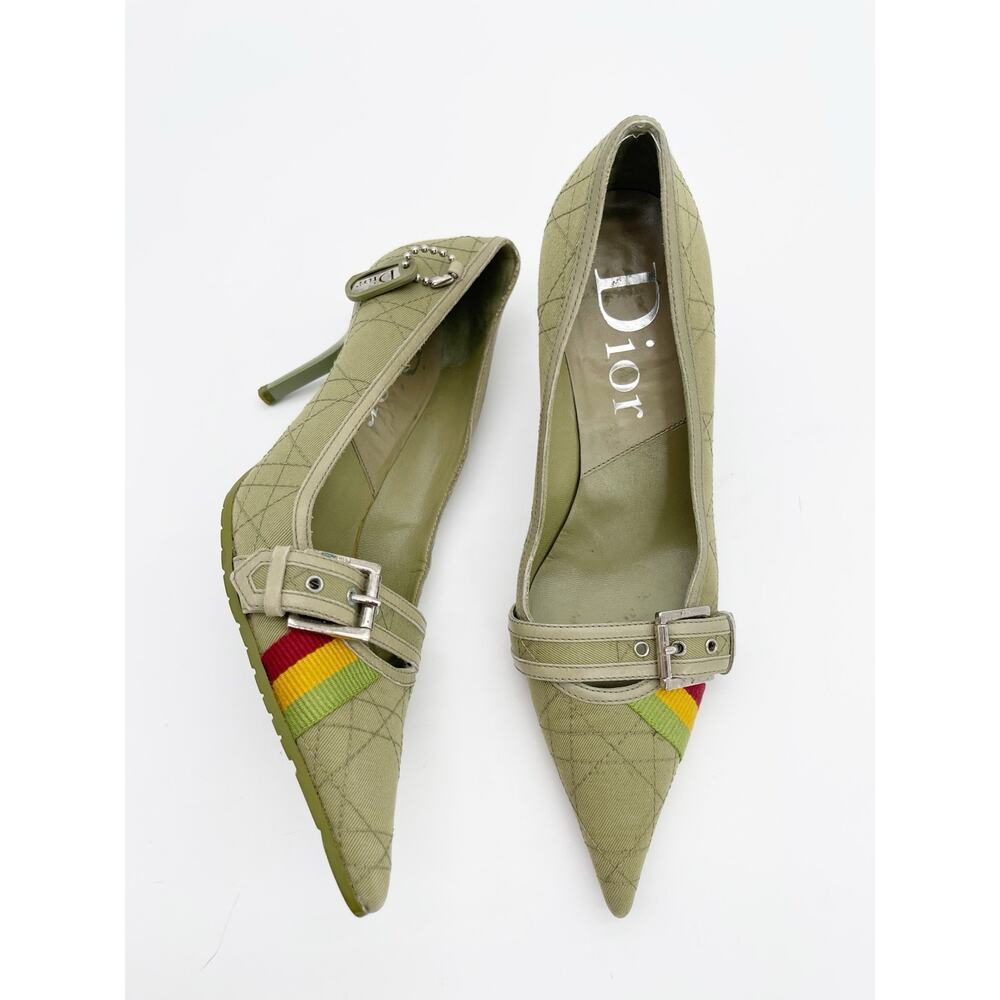 Christian Dior Vintage Green Cannage Rasta Pointed Toe Buckle Pumps Heels EU 37